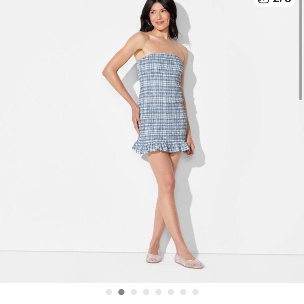wild fable Blue Plaid Strapless Smocked Ruffle-Hem Mini Dress